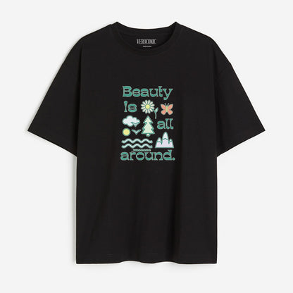 Beauty is All Around Printed Oversized Black Cotton T-shirt