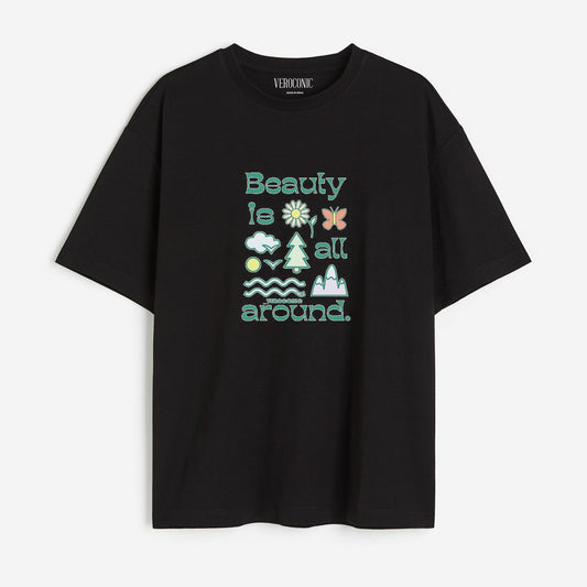 Beauty is All Around Printed Oversized Black Cotton T-shirt