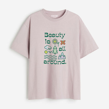 Beauty is All Around Printed Oversized Lavender Cotton T-shirt