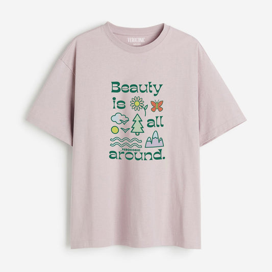 Beauty is All Around Printed Oversized Lavender Cotton T-shirt