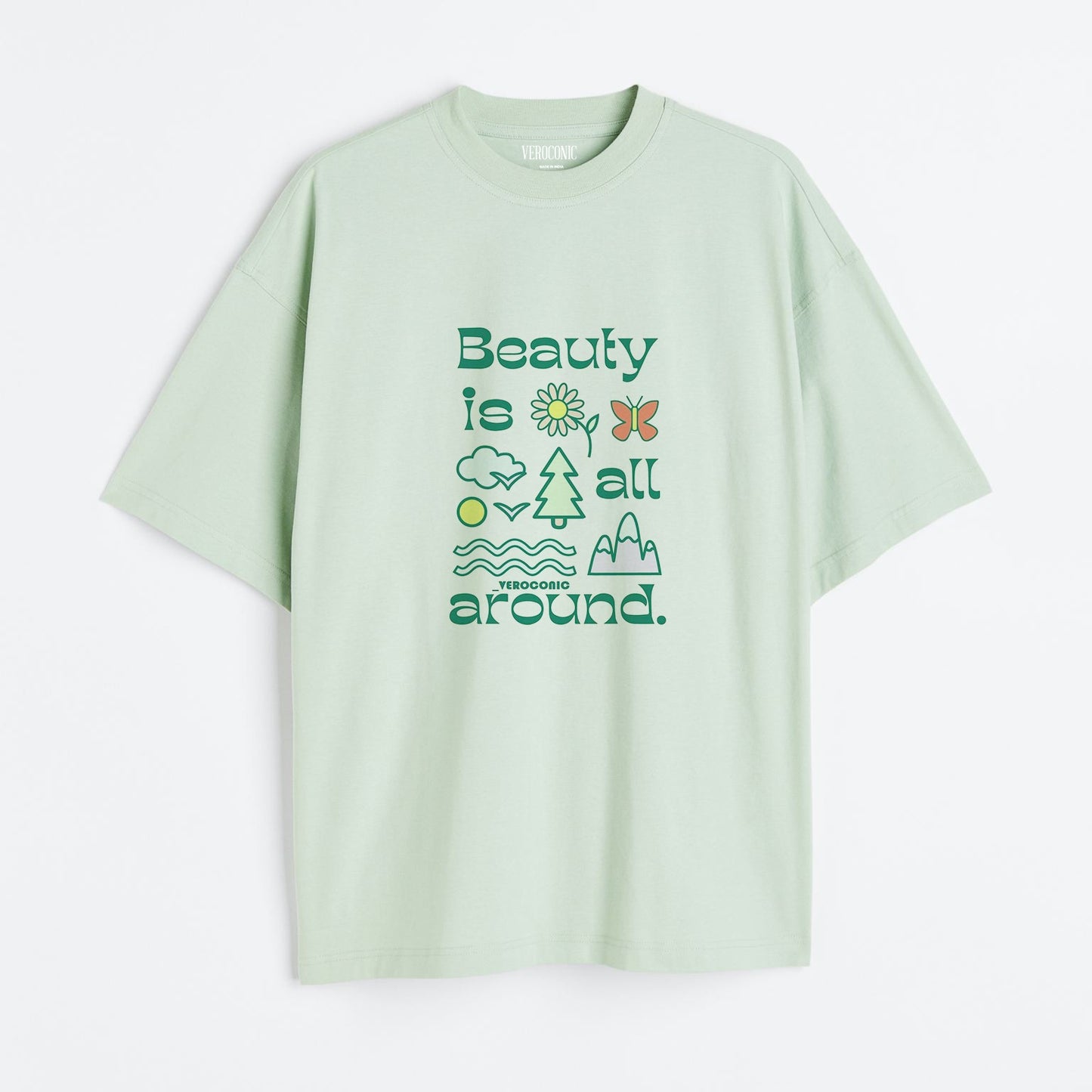 Beauty is All Around Printed Oversized Mint Green Cotton T-shirt