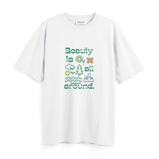Beauty is All Around Printed Oversized White Cotton T-shirt
