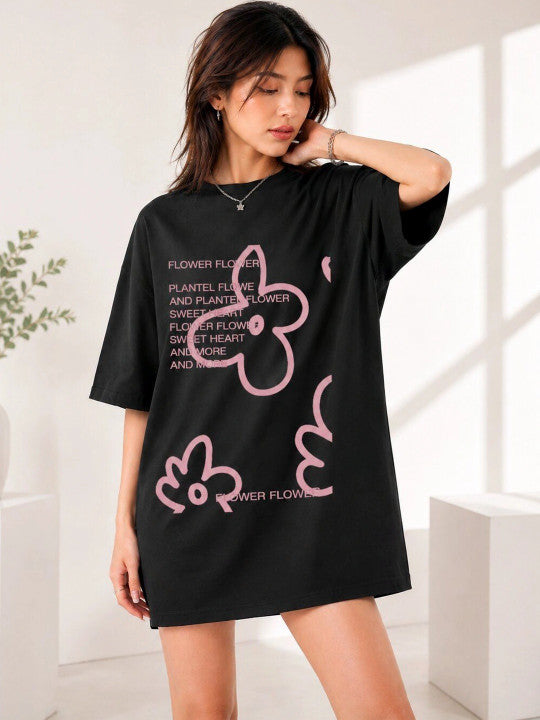 Women Typography Printed Drop-Shoulder Sleeves T-shirt