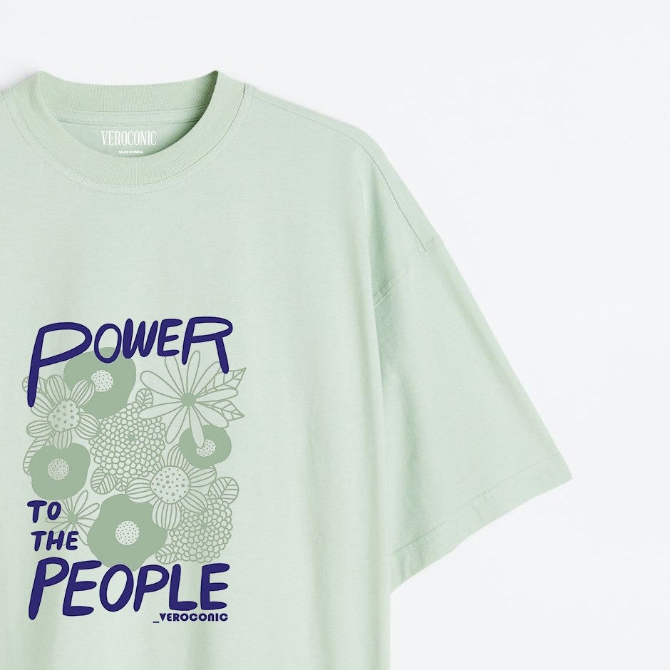 Power to The People Graphic Printed Oversized Mint Green Cotton T-shirt