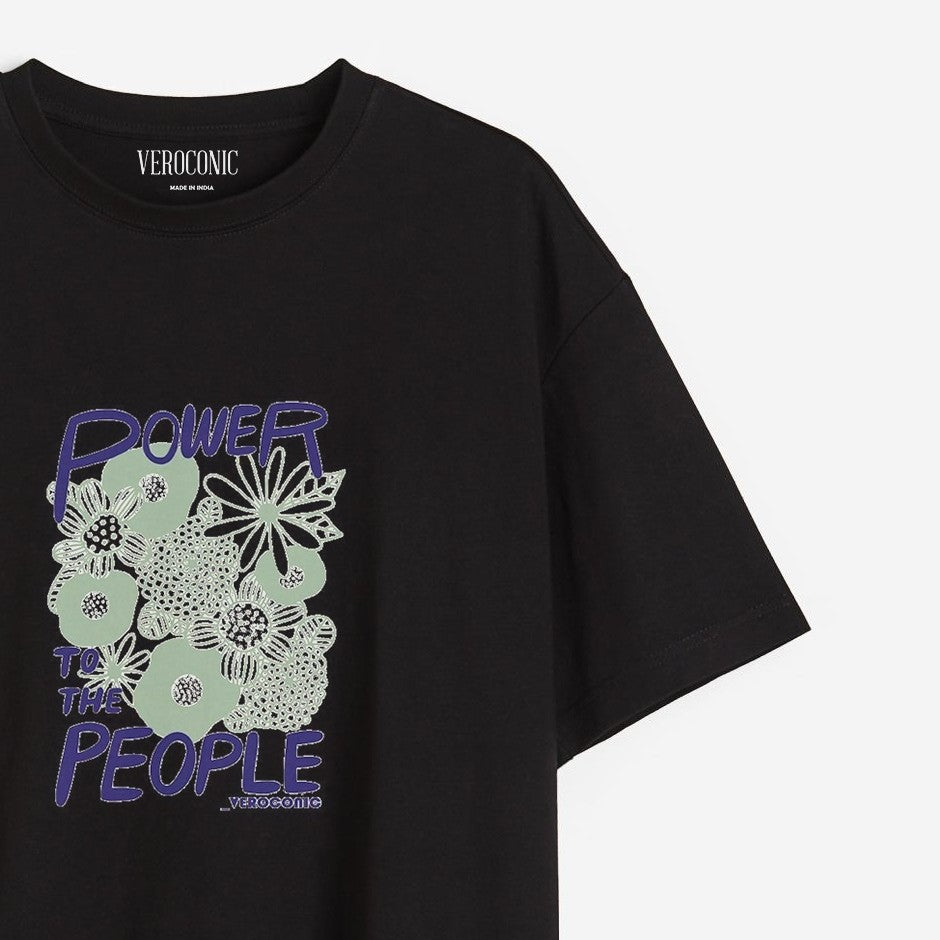 Power to The People Graphic Printed Oversized Black Cotton T-shirt