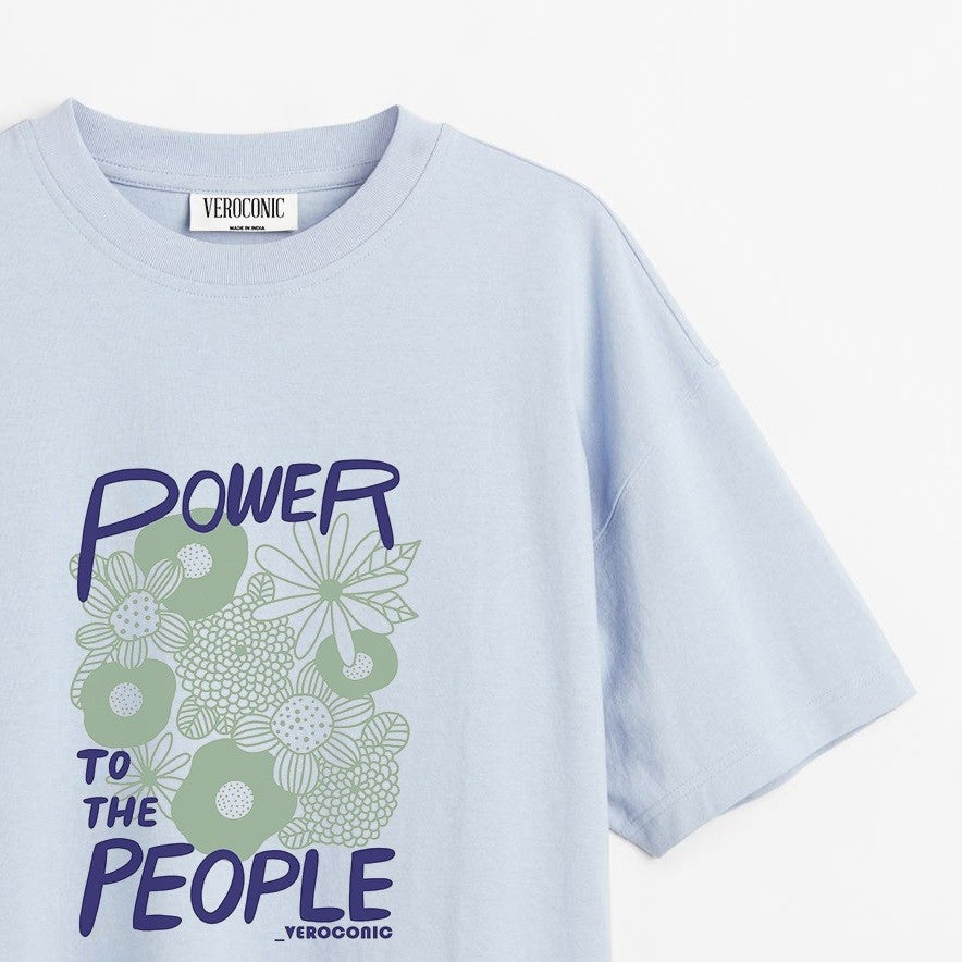 Power to The People Graphic Printed Oversized Baby Blue Cotton T-shirt