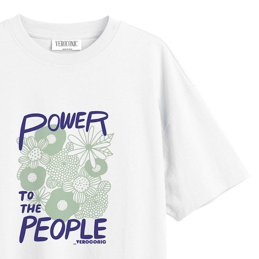 Power to The People Graphic Printed Oversized White Cotton T-shirt