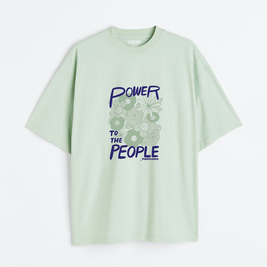 Power to The People Graphic Printed Oversized Mint Green Cotton T-shirt