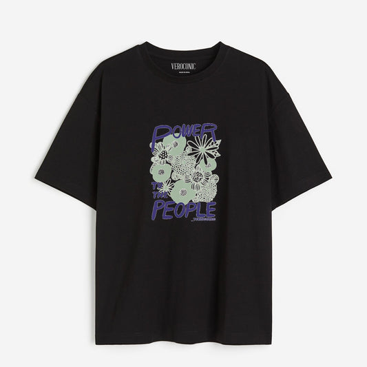 Power to The People Graphic Printed Oversized Black Cotton T-shirt