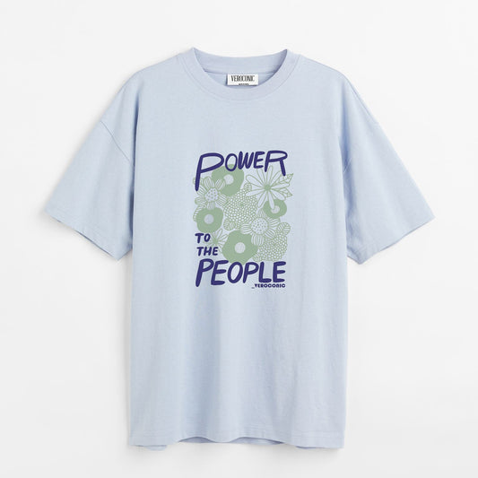 Power to The People Graphic Printed Oversized Baby Blue Cotton T-shirt