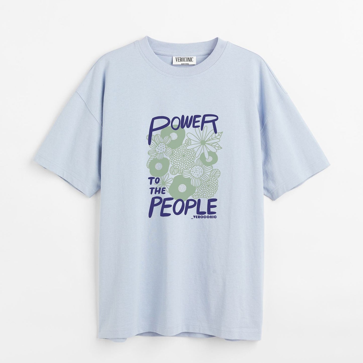 Power to The People Graphic Printed Oversized Baby Blue Cotton T-shirt