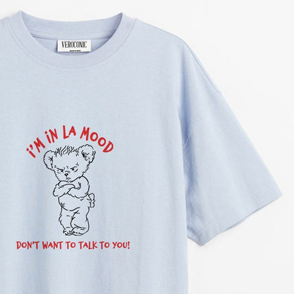 I’M IN LA MOOD Graphic Printed Oversized Baby Blue Cotton T-shirt