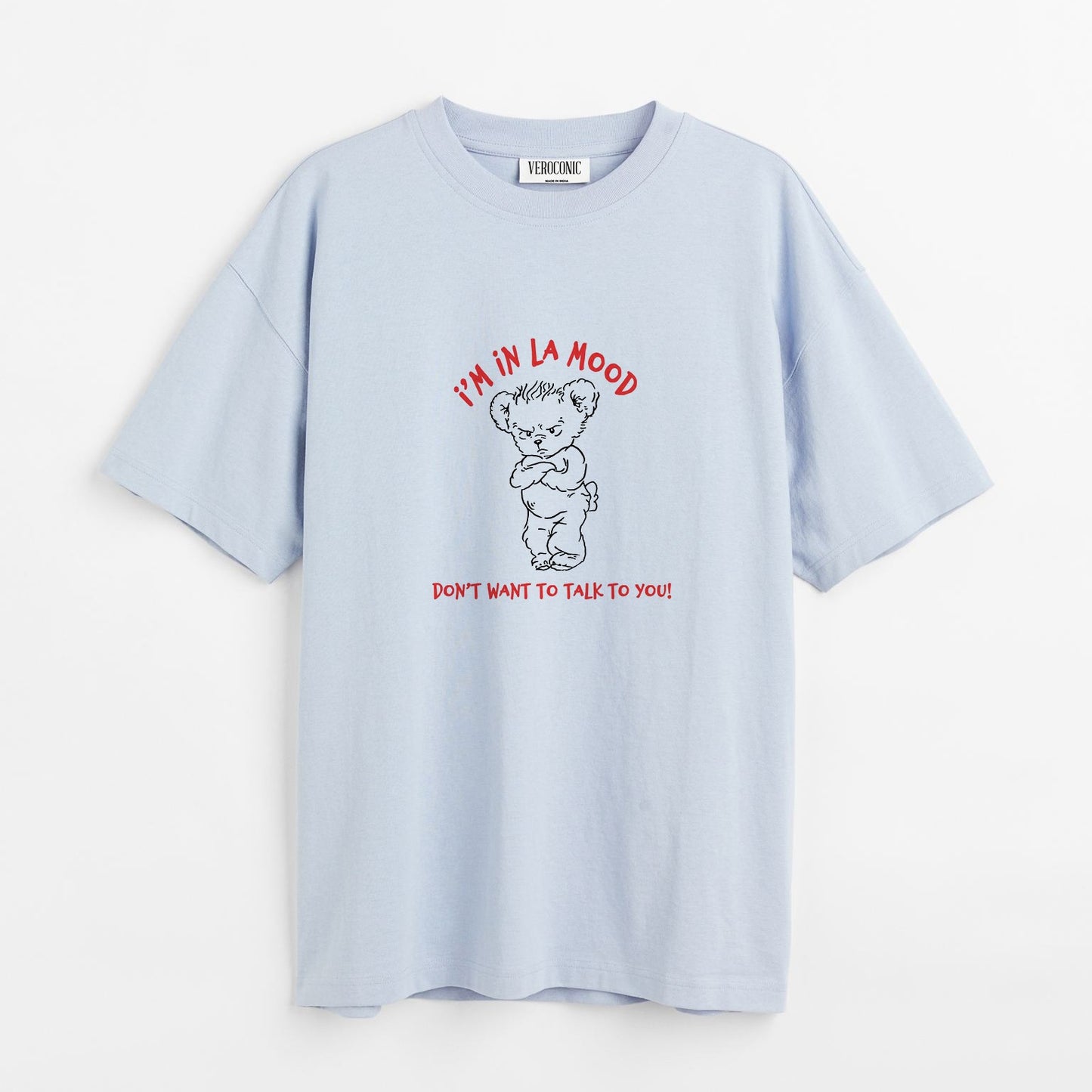 I’M IN LA MOOD Graphic Printed Oversized Baby Blue Cotton T-shirt