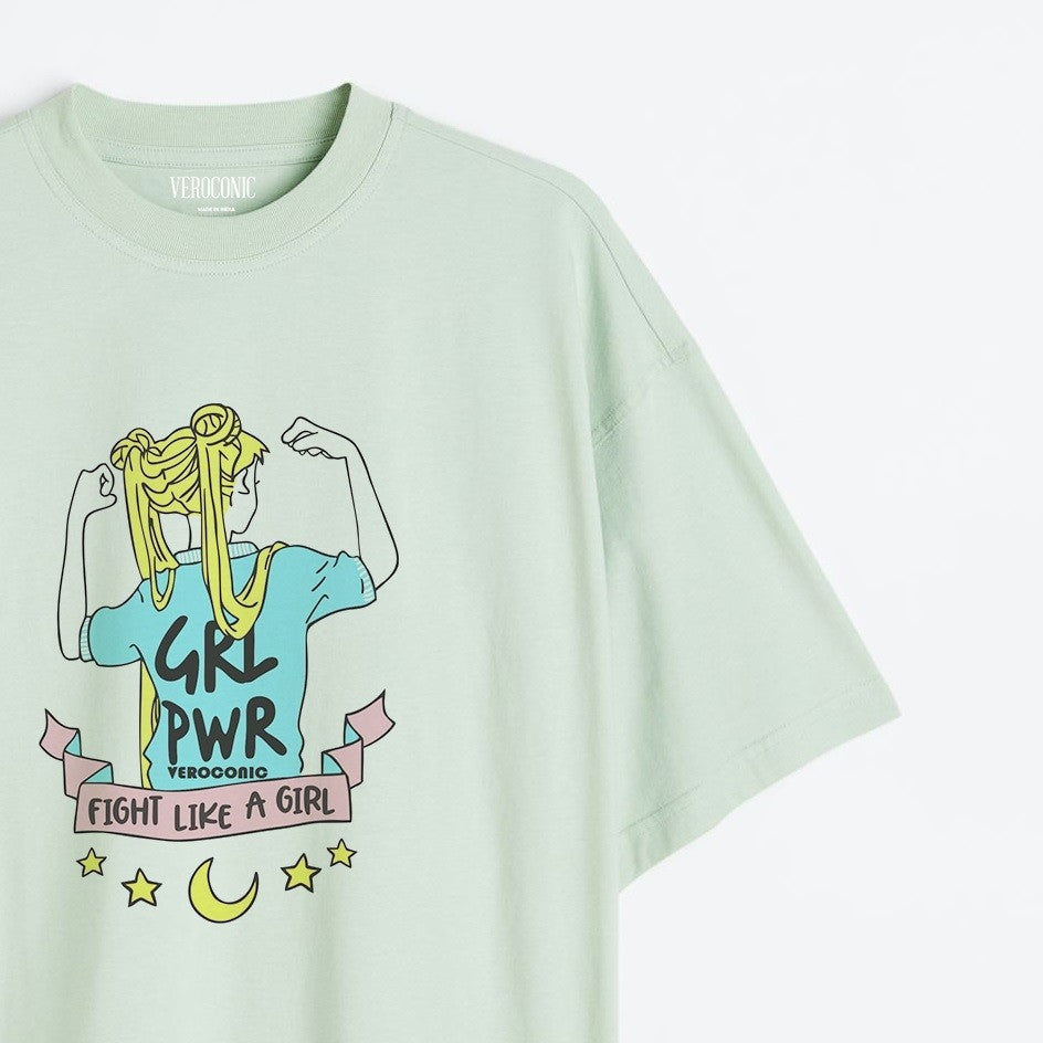 Girl Power Graphic Printed Oversized Mint Green Cotton T-shirt