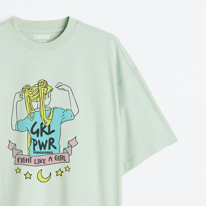Girl Power Graphic Printed Oversized Mint Green Cotton T-shirt