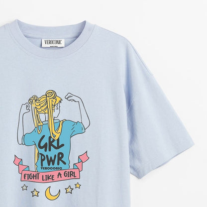 Girl Power Graphic Printed Oversized Baby Blue Cotton T-shirt