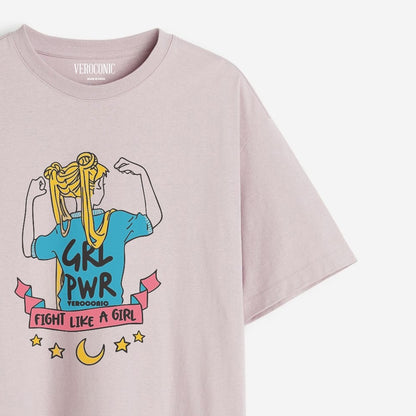 Girl Power Graphic Printed Oversized Lavender Cotton T-shirt