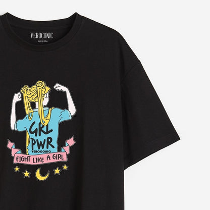 Girl Power Graphic Printed Oversized Black Cotton T-shirt