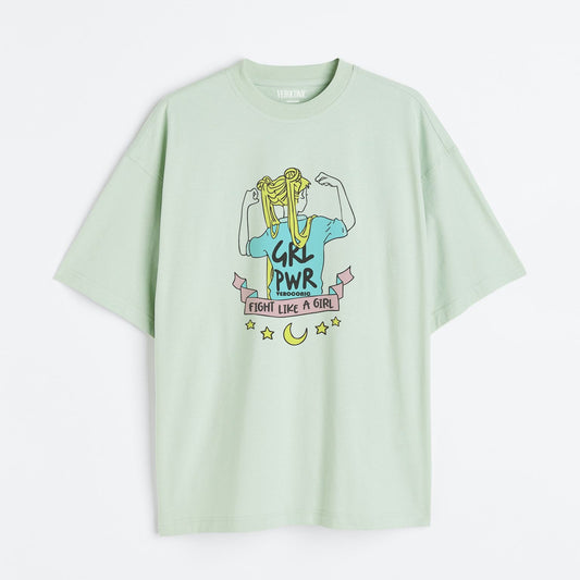 Girl Power Graphic Printed Oversized Mint Green Cotton T-shirt