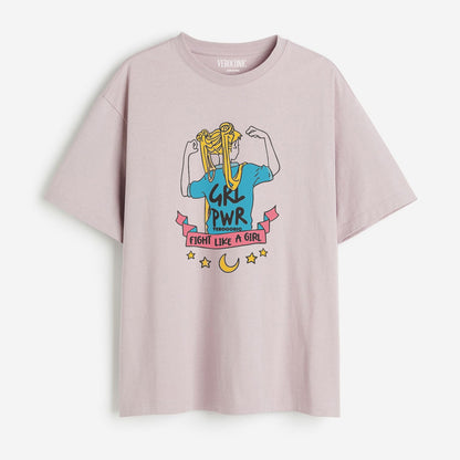 Girl Power Graphic Printed Oversized Lavender Cotton T-shirt