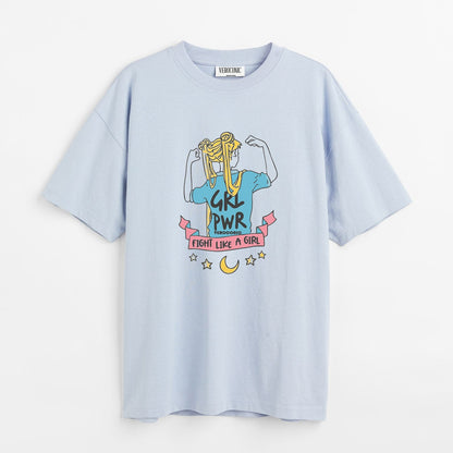 Girl Power Graphic Printed Oversized Baby Blue Cotton T-shirt