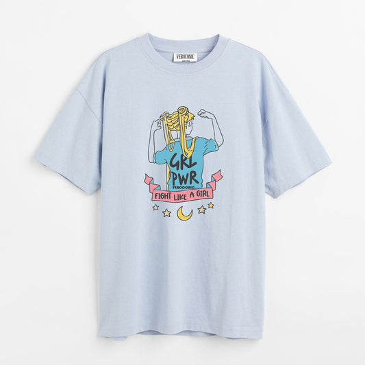 Girl Power Graphic Printed Oversized Baby Blue Cotton T-shirt
