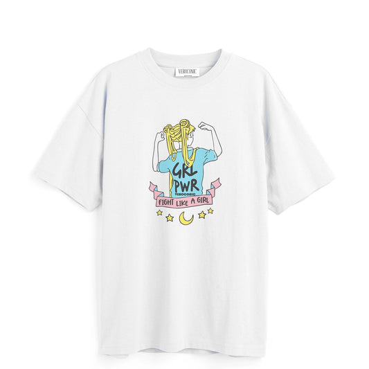 Girl Power Graphic Printed Oversized White Cotton T-shirt