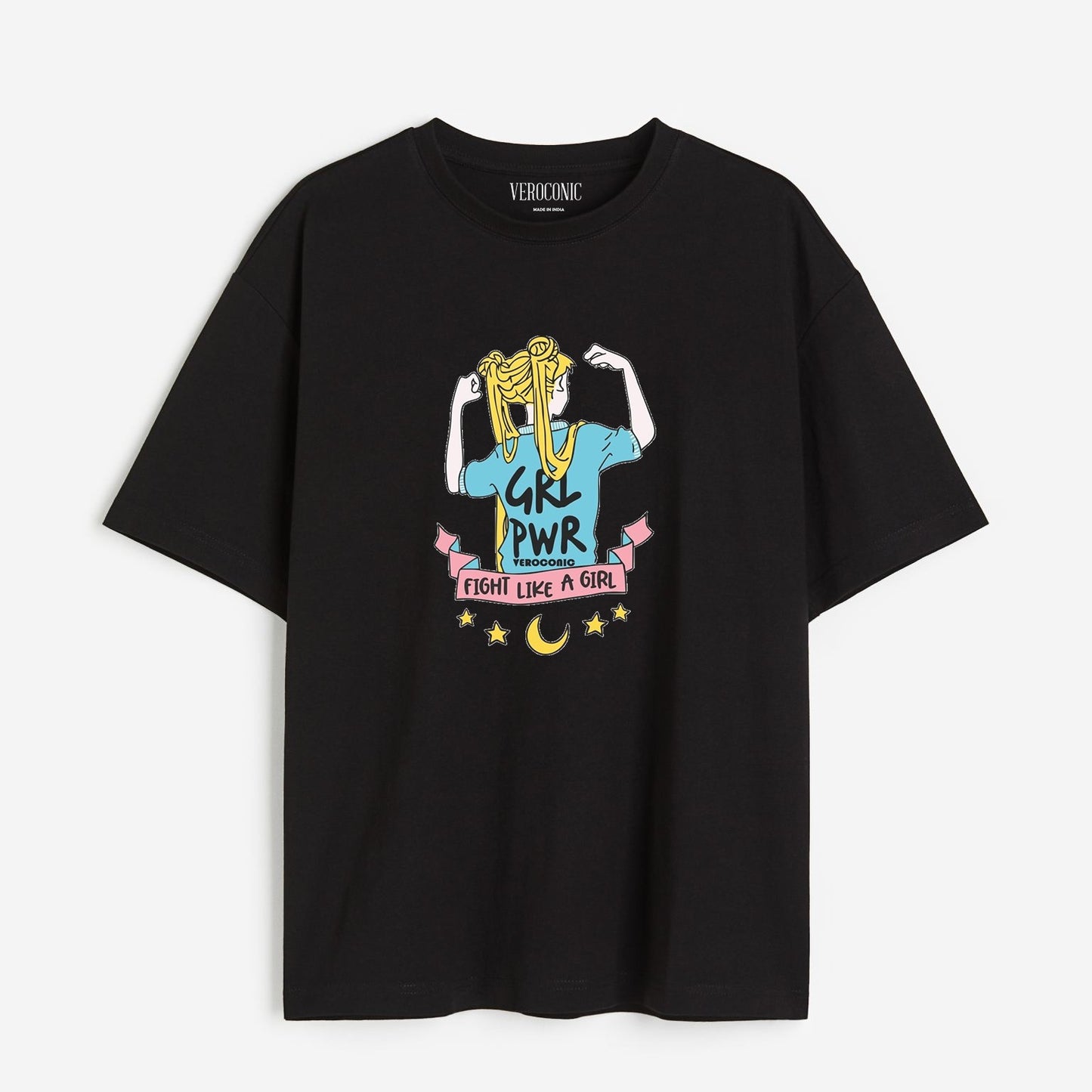 Girl Power Graphic Printed Oversized Black Cotton T-shirt