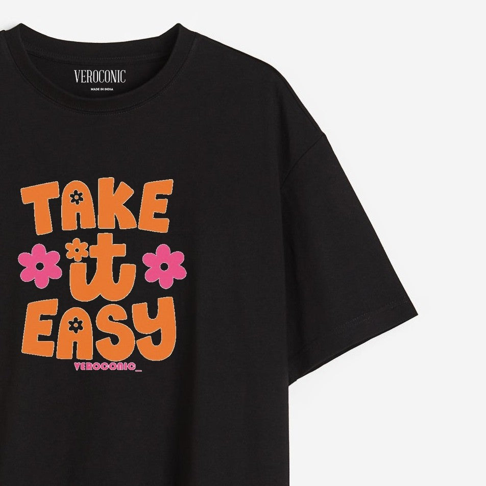 Take It Easy Printed Oversized Mint Black Cotton T-shirt