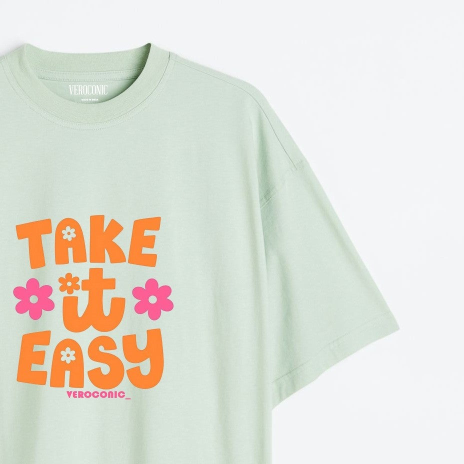Take It Easy Printed Oversized Mint Green Cotton T-shirt