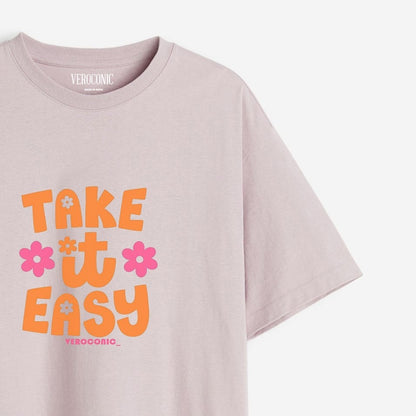Take It Easy Printed Oversized Lavender Cotton T-shirt