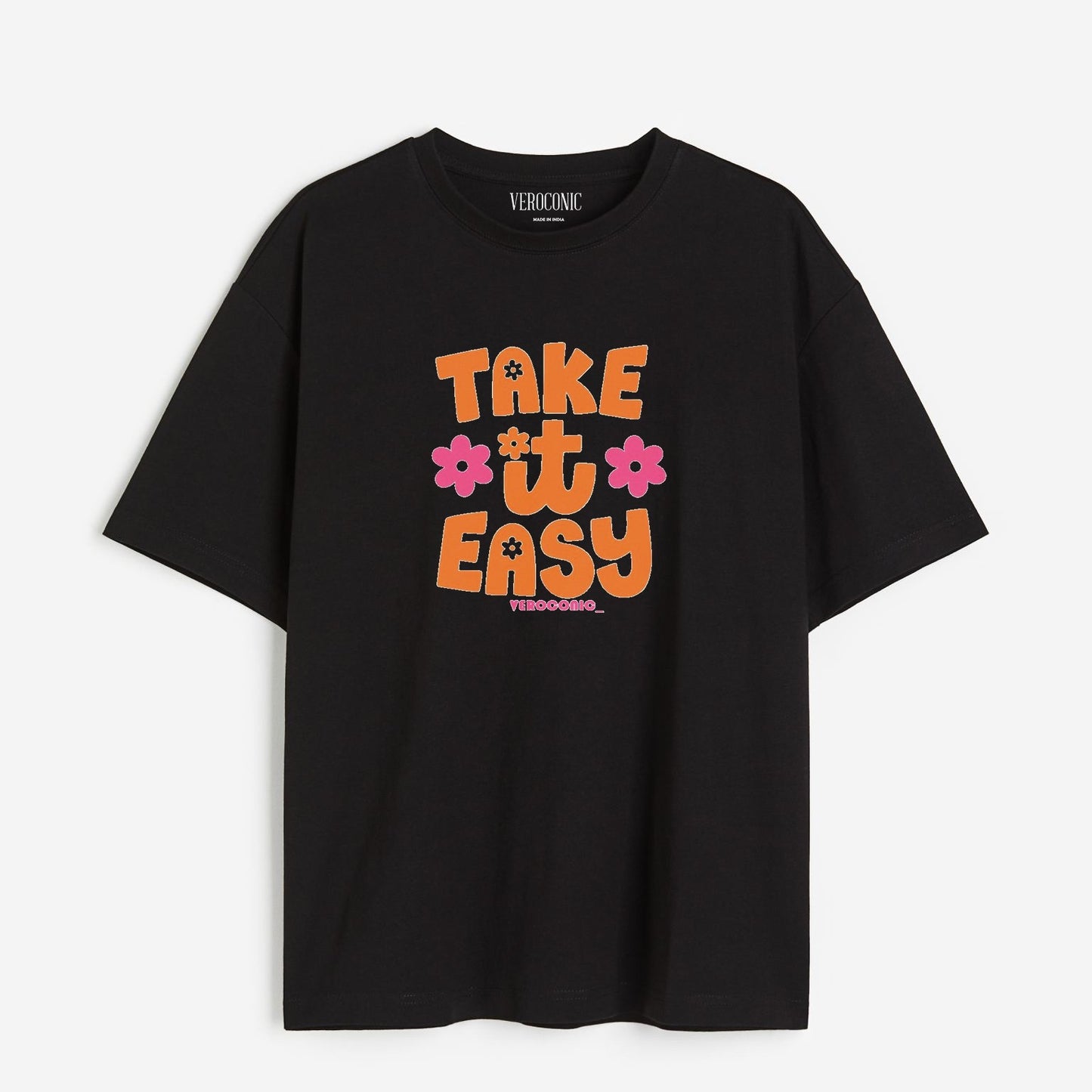 Take It Easy Printed Oversized Mint Black Cotton T-shirt