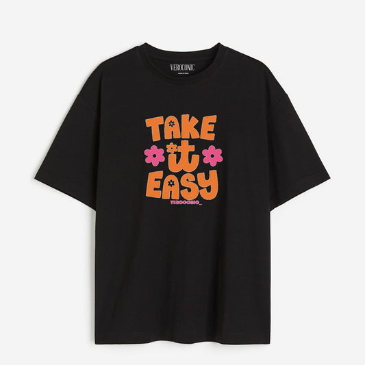 Take It Easy Printed Oversized Mint Black Cotton T-shirt