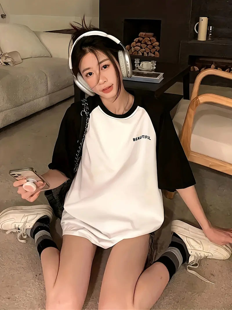 Beautiful Text Oversized Printed Women's T-Shirt Black Color, Raglan Sleeves