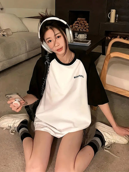 Beautiful Text Oversized Printed Women's T-Shirt Black Color, Raglan Sleeves
