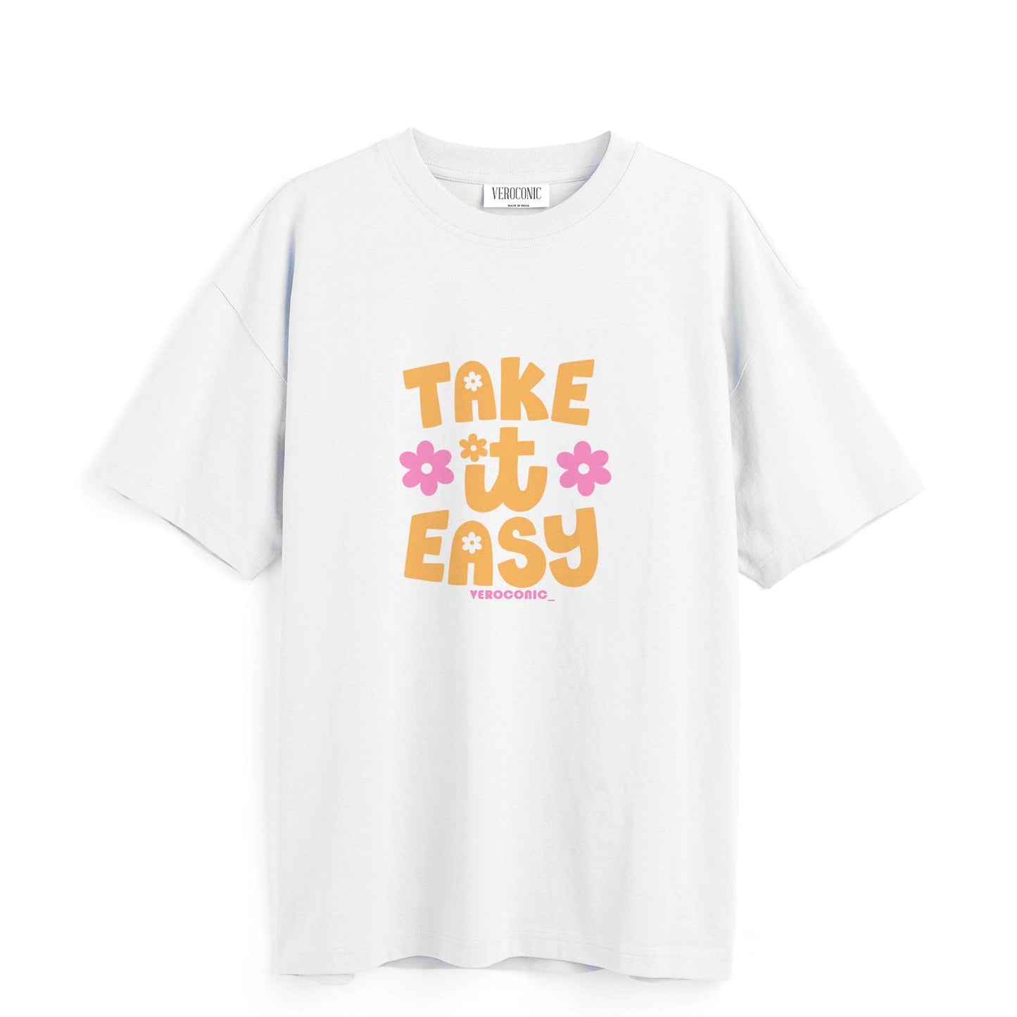 Take It Easy Printed Oversized White Cotton T-shirt