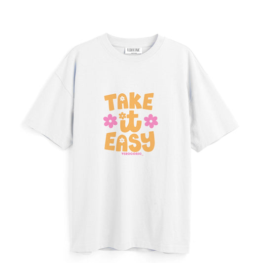 Take It Easy Printed Oversized White Cotton T-shirt