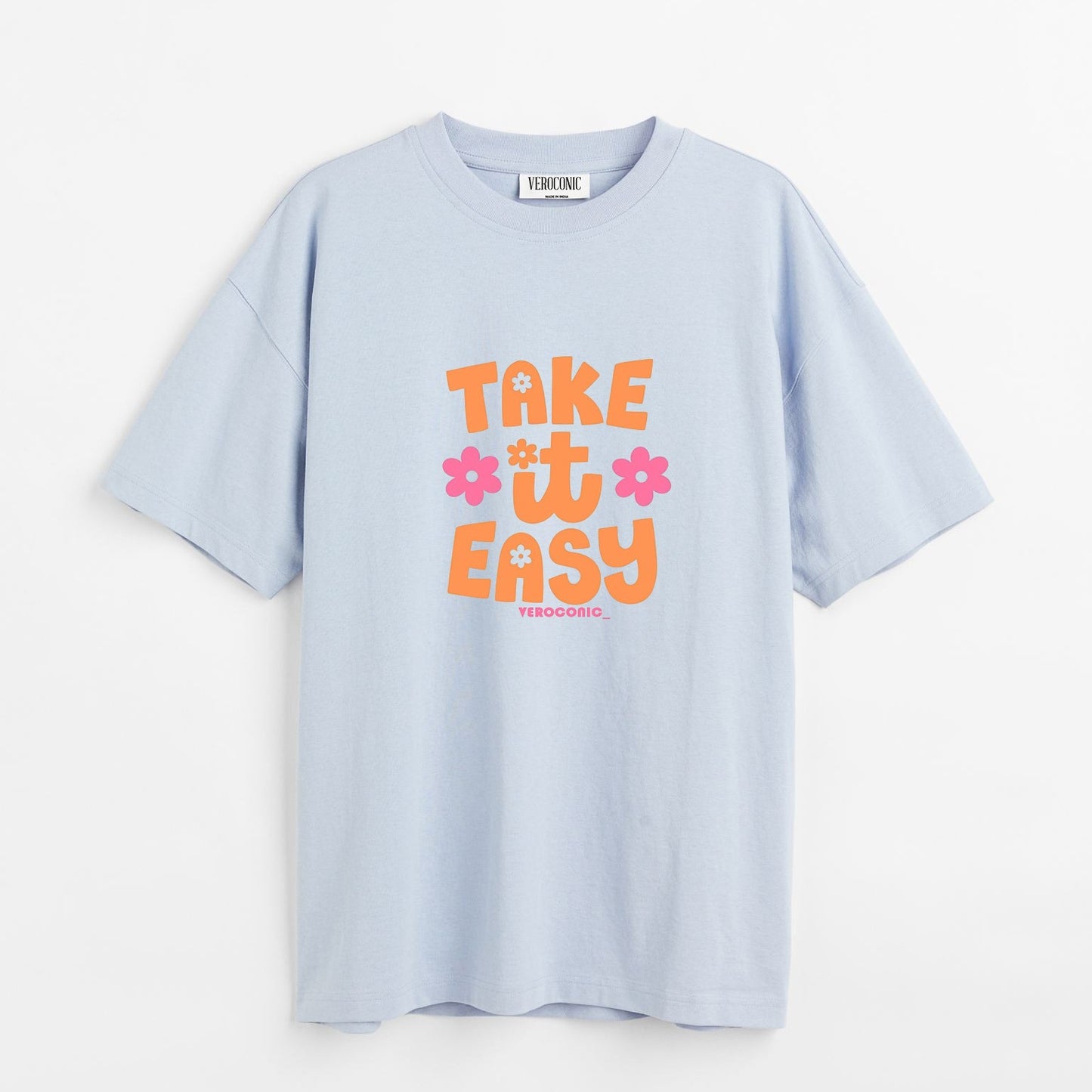 Take It Easy Printed Oversized Baby Blue Cotton T-shirt