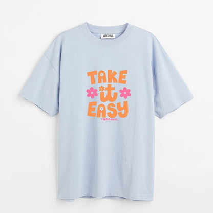 Take It Easy Printed Oversized Baby Blue Cotton T-shirt