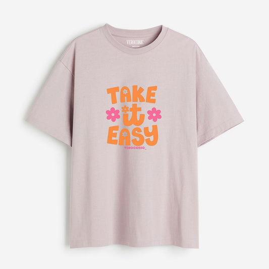 Take It Easy Printed Oversized Lavender Cotton T-shirt