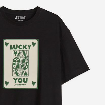 Lucky You Printed Oversized Black Cotton T-shirt