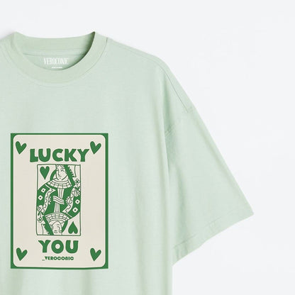 Lucky You Printed Oversized Mint Green Cotton T-shirt