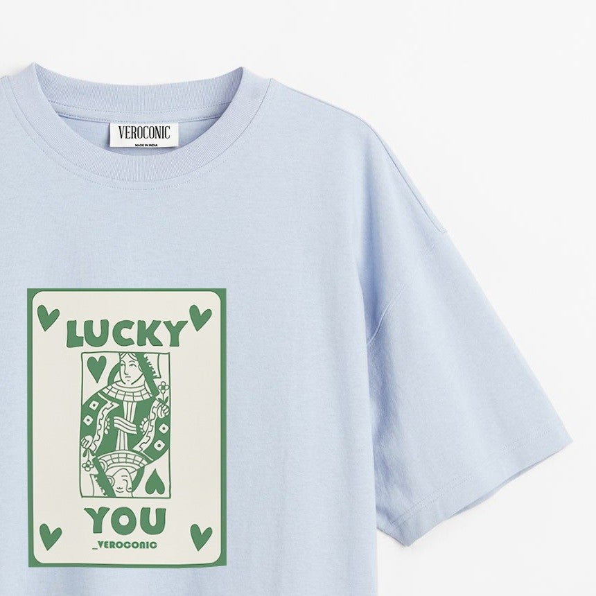 Lucky You Printed Oversized Baby Blue Cotton T-shirt