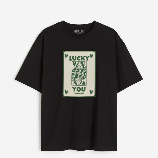 Lucky You Printed Oversized Black Cotton T-shirt