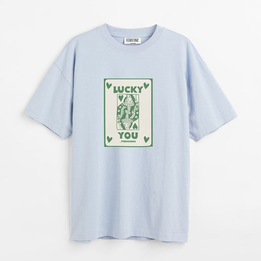 Lucky You Printed Oversized Baby Blue Cotton T-shirt
