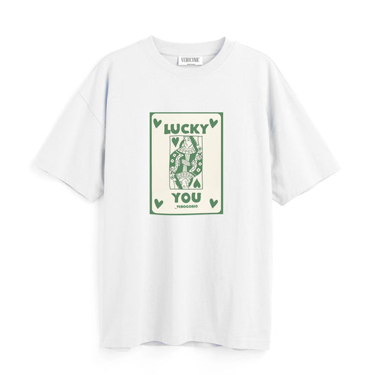 Lucky You Printed Oversized White Cotton T-shirt