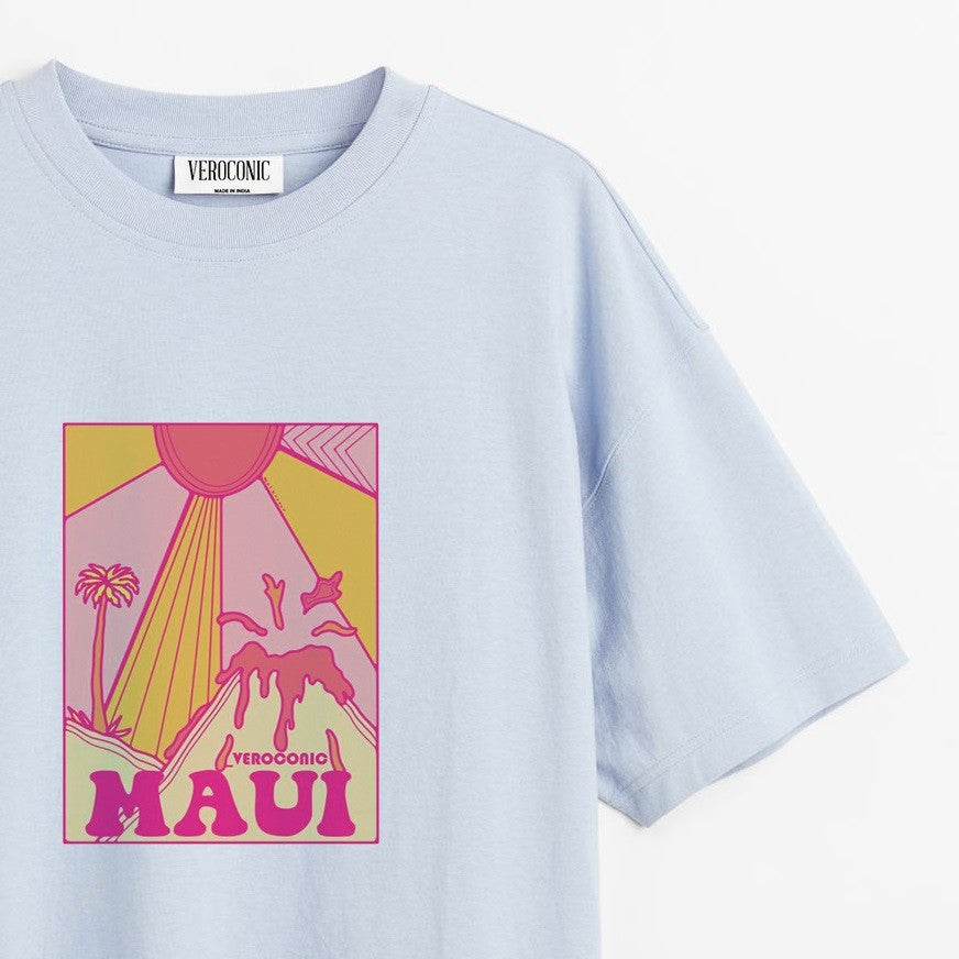 MAUI Beach Graphic Printed Oversized Baby Blue Cotton T-shirt