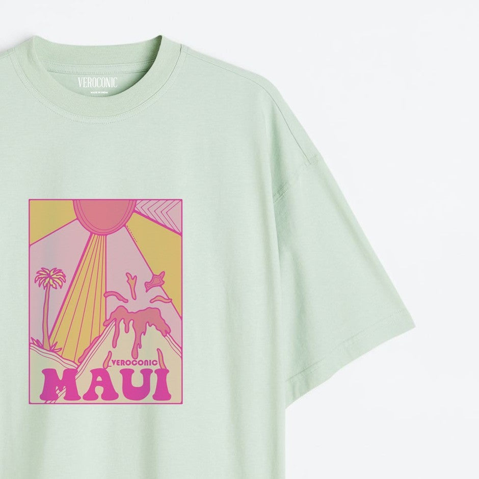 MAUI Beach Printed Oversized Mint Green Cotton T-shirt