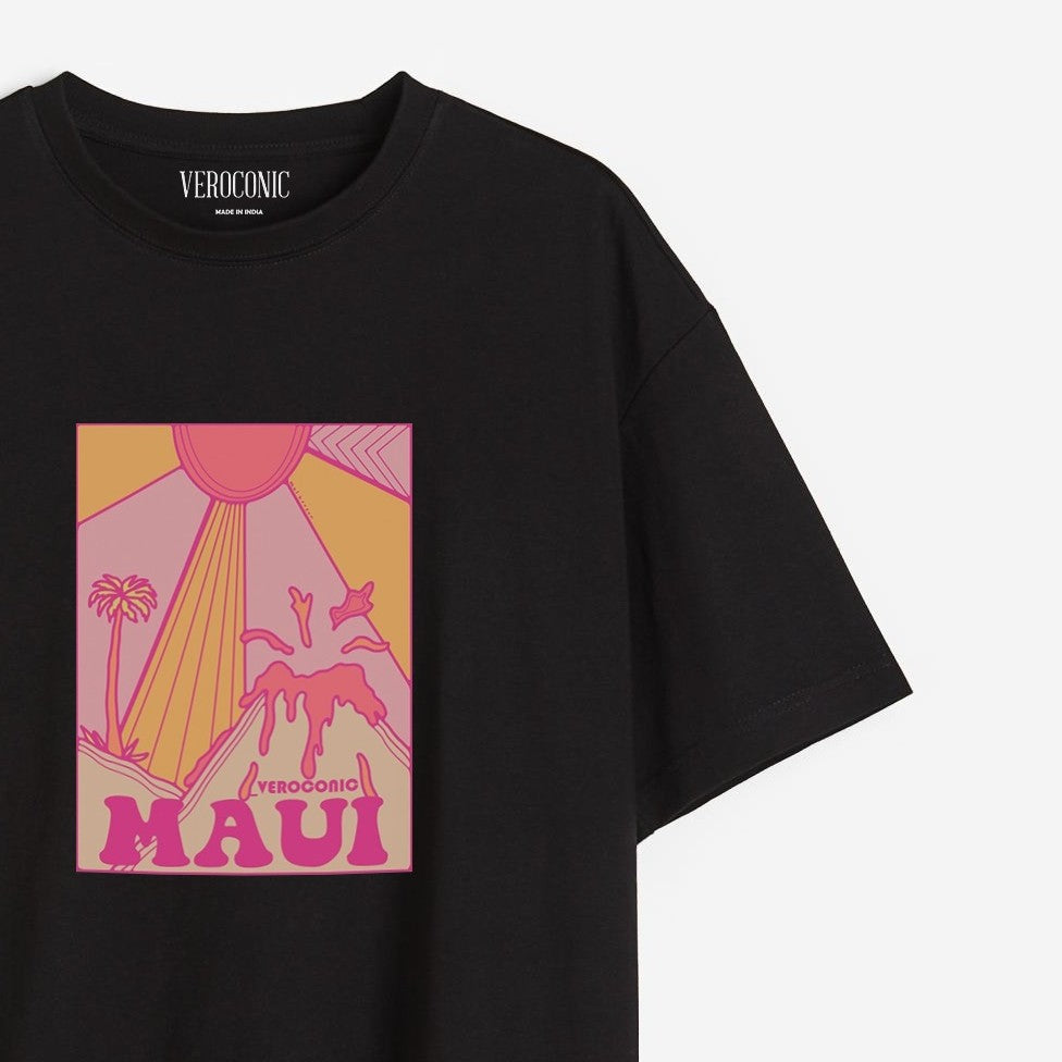 MAUI Beach Printed Oversized Black Cotton T-shirt