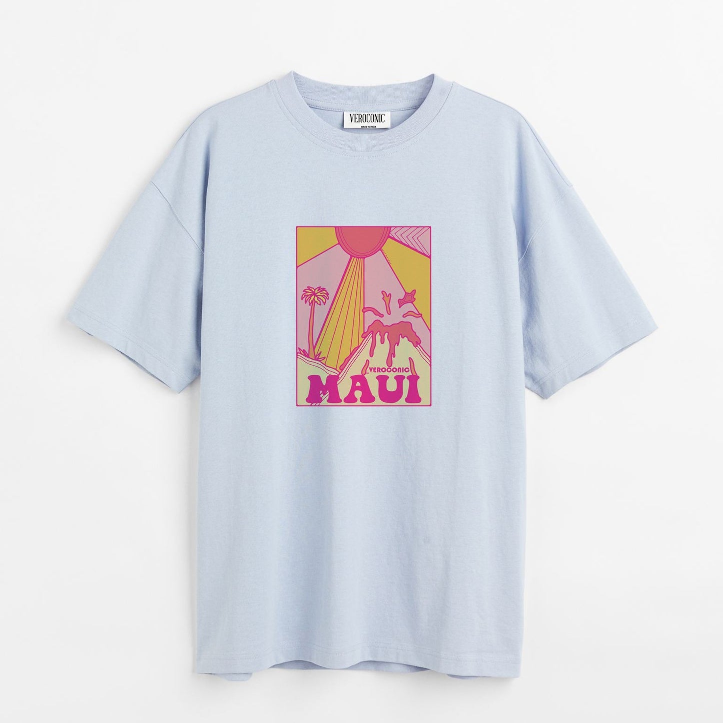 MAUI Beach Graphic Printed Oversized Baby Blue Cotton T-shirt